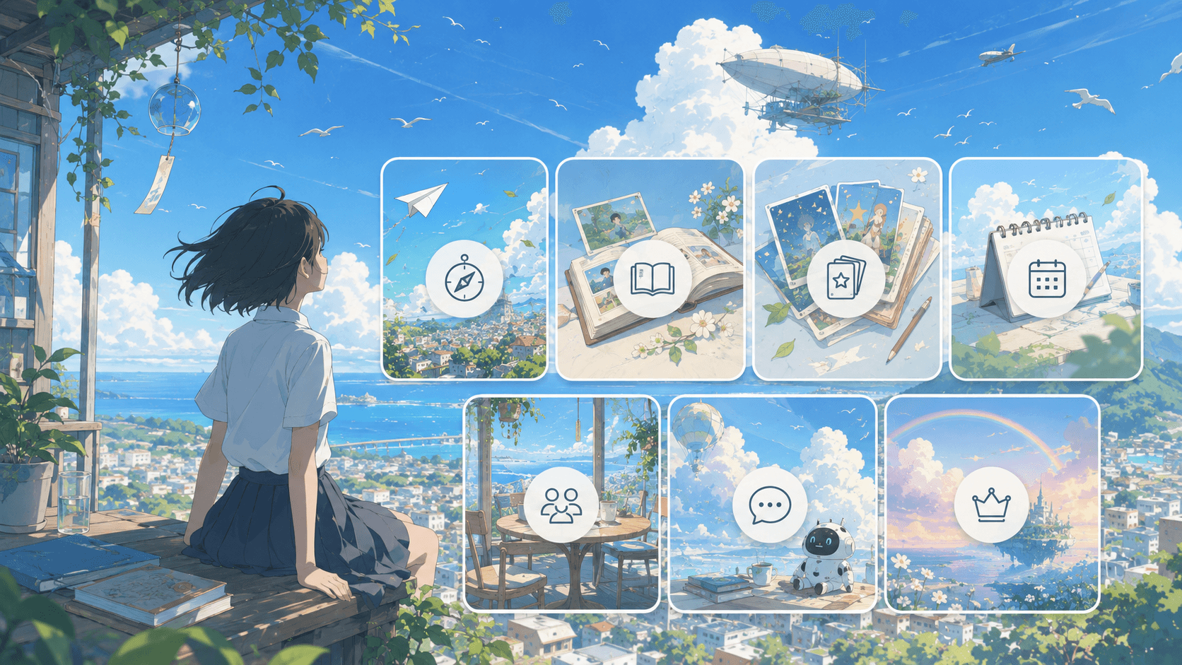 海辺の街を見つめる人物と診断の風景
