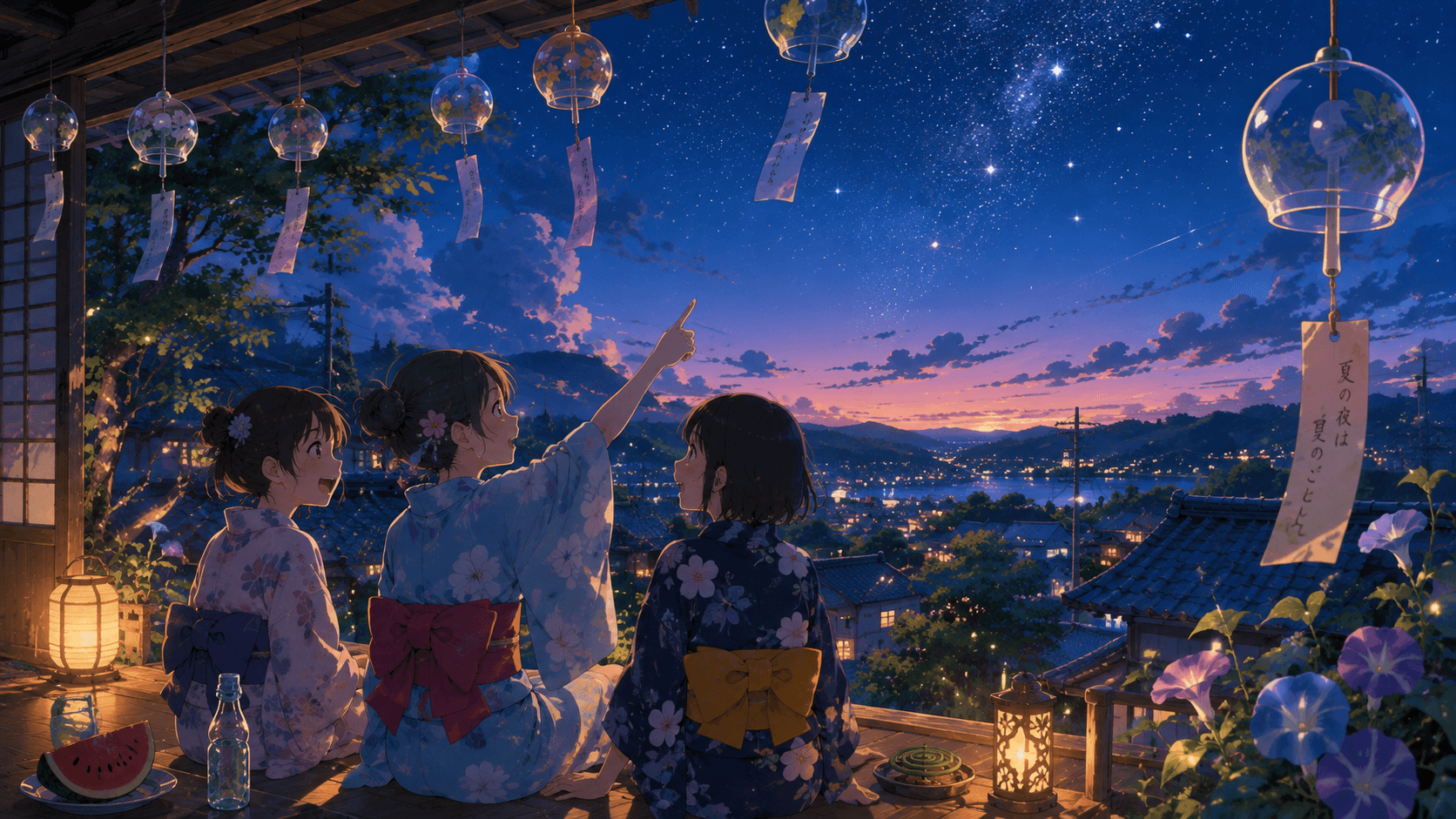 星空の下で語り合う人物たち