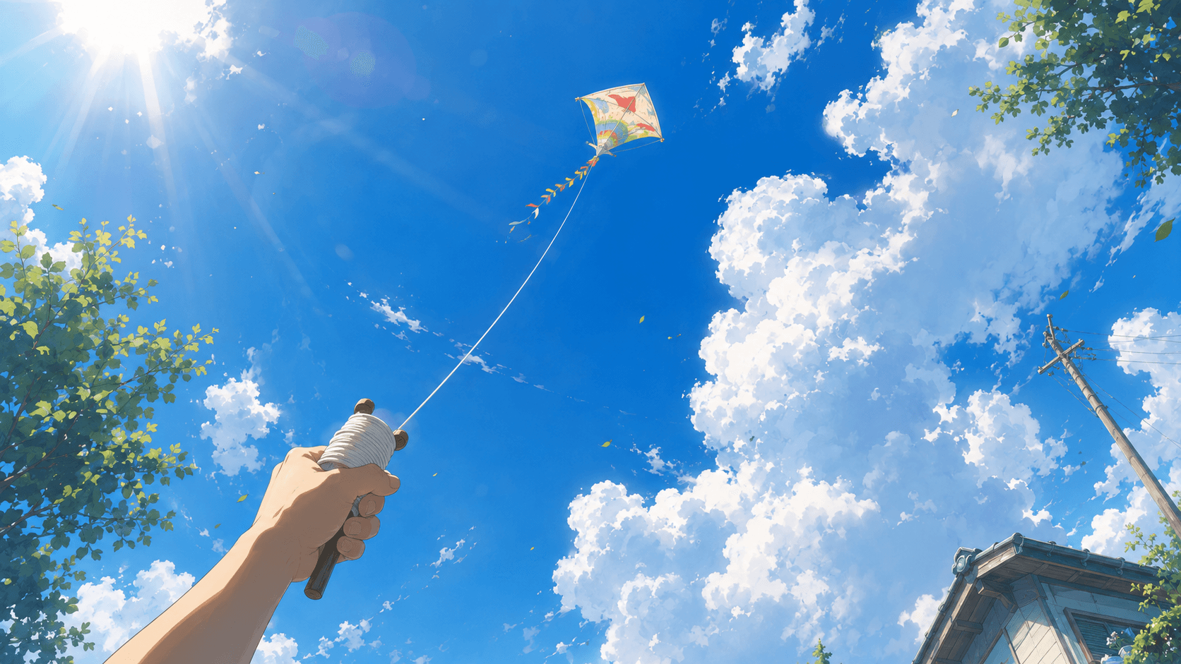 青空へ伸びる凧の糸を握る手